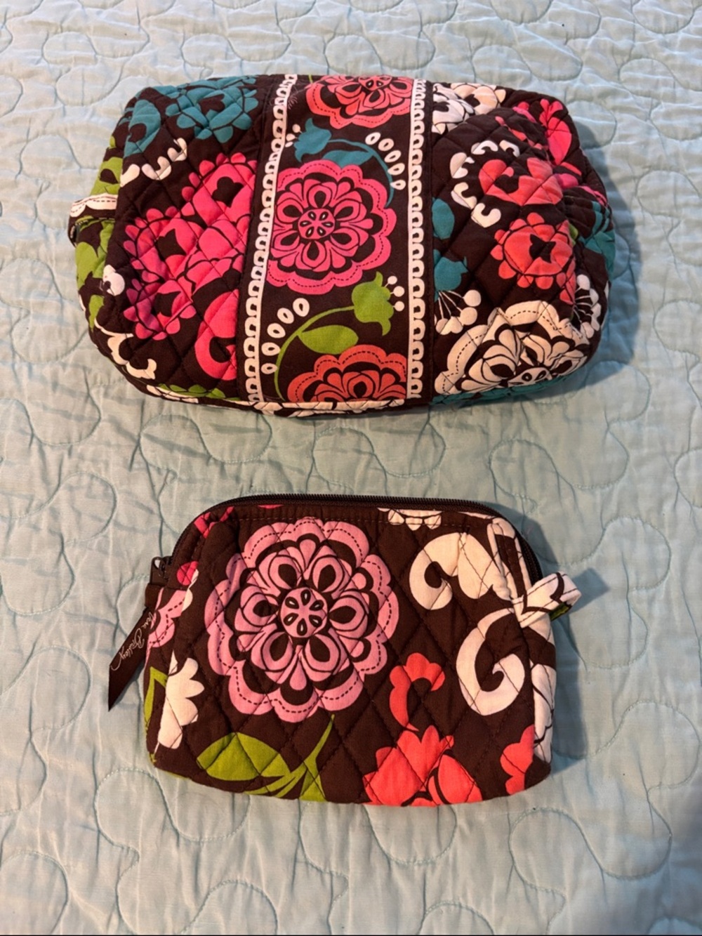Vera Bradley Quilted Cosmetic Pouch in Black with Pink and Green Accents